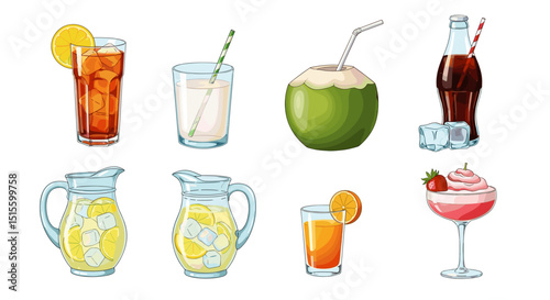 Illustration of assorted refreshing beverages including juice soda and iced drinks in various containers