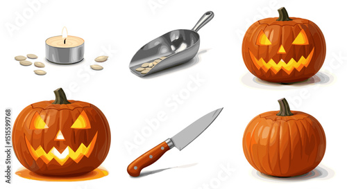 Preparation for halloween with pumpkins seeds candle and knife on white background for carving jack o lanterns
