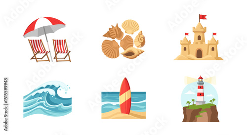 Illustration of beach themed icons including chairs, shells, castle, wave, surfboard, lighthouse