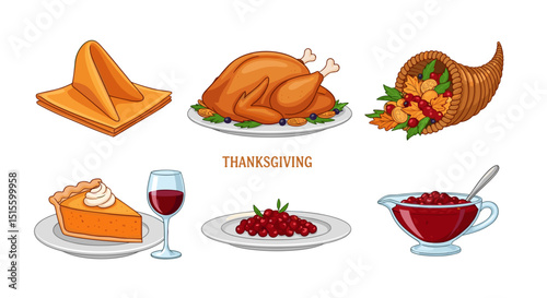 Illustration of thanksgiving dinner with turkey pie wine cranberries and cornucopia arrangement set up nicely