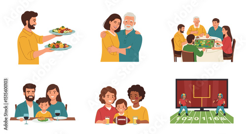 Illustration depicting families celebrating and watching football together in various scenarios