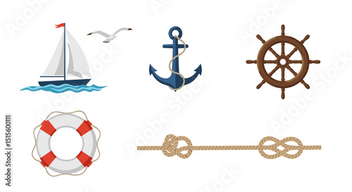 Illustration of nautical elements including a sailboat, anchor, wheel, and life preserver with rope knots