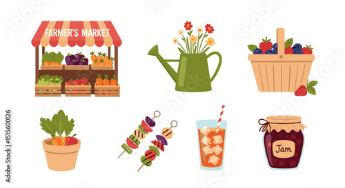 Illustration of a farmer's market stand with produce and other food items on a white background