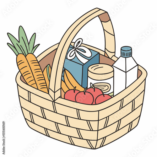 Fresh groceries in a woven basket on white