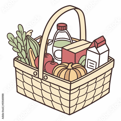 Fresh produce grocery basket isolated on white background