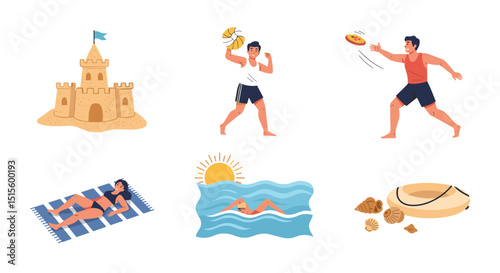 Illustrations showing people enjoying summer activities like swimming and playing at the beach on vacation