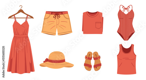 Assortment of summer clothing items including a dress shorts top swimsuit hat and sandals laid out