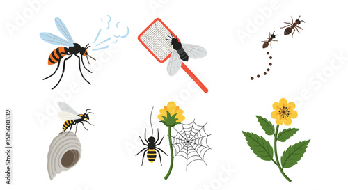 Illustration featuring various insects including a wasp, ant, spider and butterfly in nature scenes