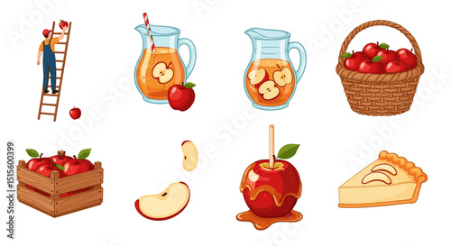Illustration of apples being harvested and made into juice, pie and candy apples shown here