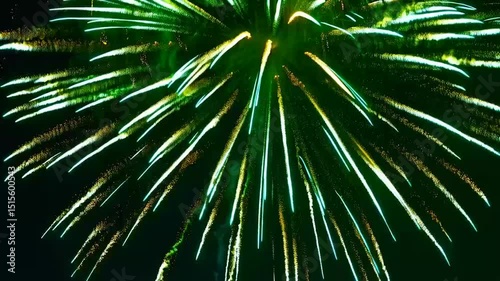 Green fireworks exploding against a transparent green screen (chroma key) background, perfect for overlaying in holiday or celebration-themed videos. Bright, festive bursts with glowing trails and par