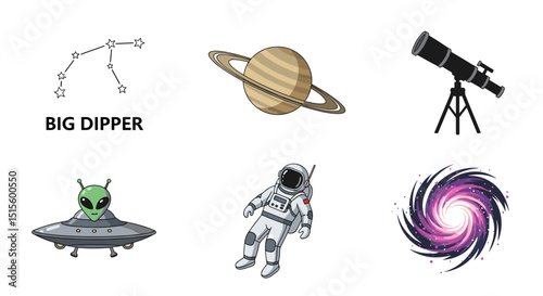 Illustration showing big dipper saturn telescope ufo astronaut and black hole on a white background
