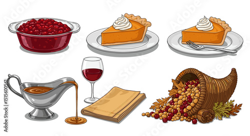 Illustration of a thanksgiving feast with pie, cranberry sauce, gravy, wine, and a cornucopia