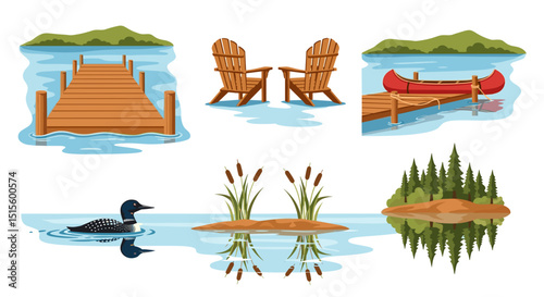 Various lake scenes including dock, chairs, boat, loon, cattails and island with trees shown here