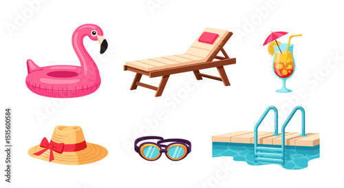 Collection of summer vacation themed elements including flamingo float and beach accessories items set up
