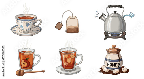 Collection of tea related items including tea cups, tea bags, kettle, honey and tea glasses set up