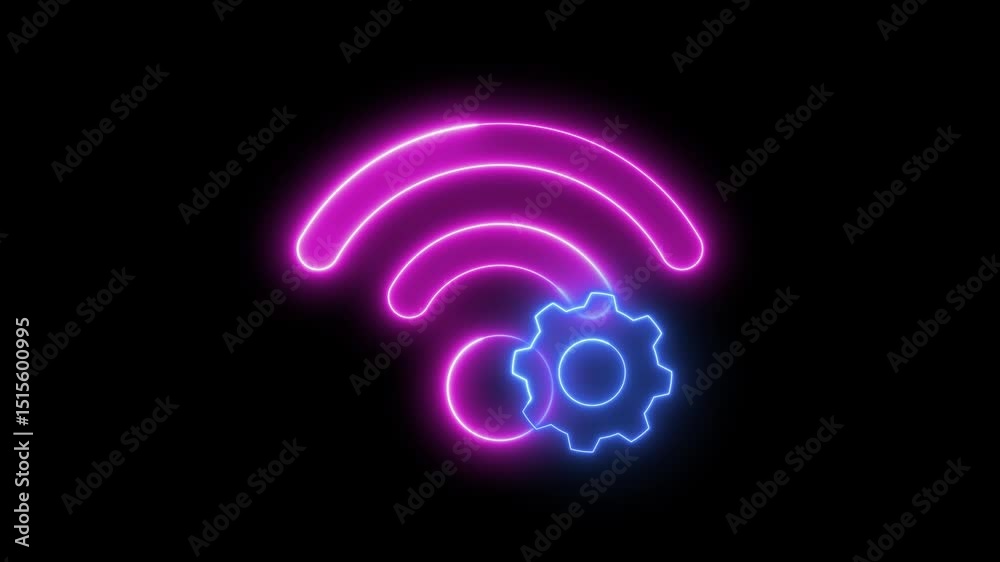 A glowing neon purple and red wifi sign icon with a blue gear, on a black background.