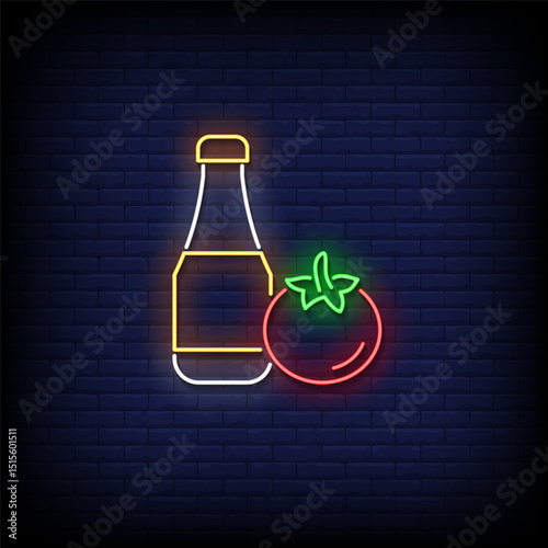 tomato sauce neon sign with brick wall background vector