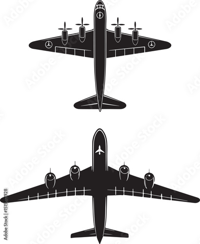 Two silhouette illustrations of vintage world war ii era boeing b 17 flying fortress aircraft in top view