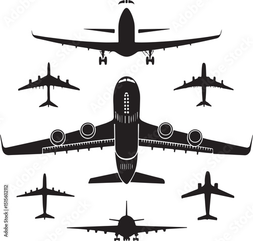 Collection of airplane silhouettes showing various views and perspectives suitable for design and travel concepts.