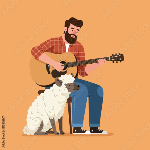 Man Playing Guitar with Sheep Sitting Beside Him Flat Illustration