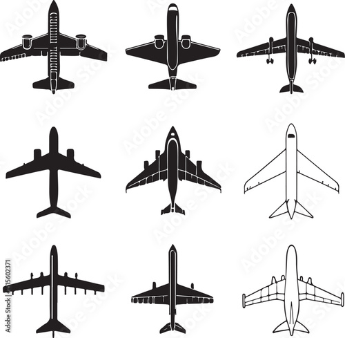 Overhead view illustration of diverse airplane silhouettes suitable for travel aviation and transportation designs
