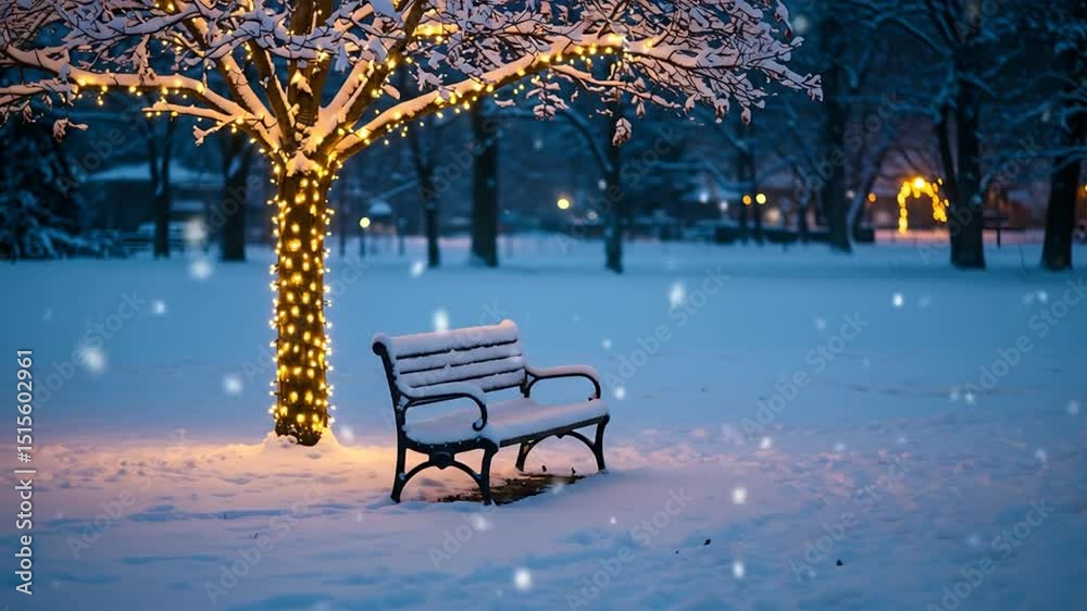 Snowy park scene with bench and tree decorated with lights at night