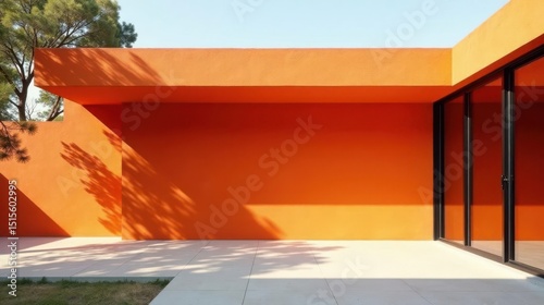 Vibrant Orange Architectural Exterior with Minimalist Design and Subtle Tree Shade Patterns on a Sunny Day
