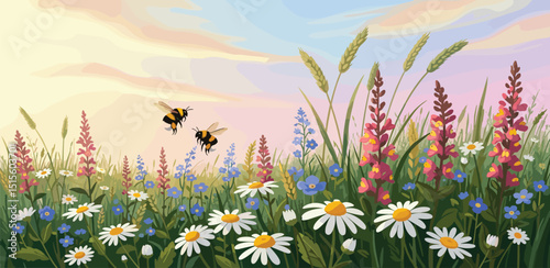 Swallows flying over blooming pink tulip field spring landscape with blue sky, fluffy clouds acrylic painting on canvas