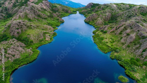 Aerial view of deep blue mountain lake surrounded by rocky green hills and vibrant shoreline vegetation