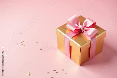 A Gold Gift Box with a Delicate Pink Ribbon on a Pink Background, Decorated with Gold Star Confetti
