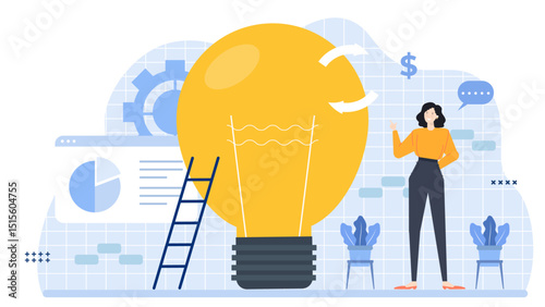The image features a woman pointing at a lightbulb, suitable for concepts like ideas, innovation, creativity, problem-solving, inspiration, and solutions.