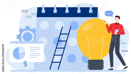 Man with lightbulb ladder and calendar, suitable for business planning, creativity, time management, innovation, education, and inspiration concepts.