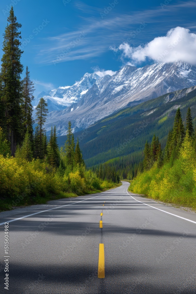 Discover the Majestic Beauty of a Vibrant Road Leading Towards Breathtaking Alpine Mountain Ranges