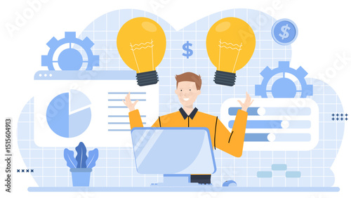 Man with lightbulbs oversees desk with computer and plant. Suitable for business brainstorming, creativity, work environment, innovation, and technology concepts.