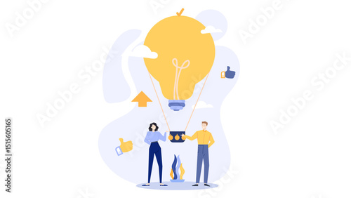 Man and woman hold a light bulb hot air balloon. Suitable for ecofriendly concepts, renewable energy, creative ideas, and teamwork illustrations.