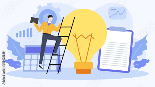 business brainstorming idea concept with a man illustration and huge lightbulb