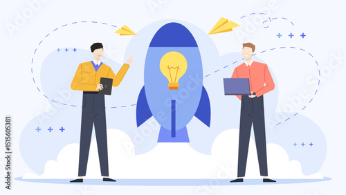 Two men near a rocket with a lightbulb inside, symbolizing innovation or collaboration. Ideal for technology or teamwork concepts.