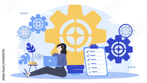 Woman with laptop, checklist beside lightbulb gear. Business planning, creativity, innovation concepts. Female entrepreneur, startup strategy, project management visuals.