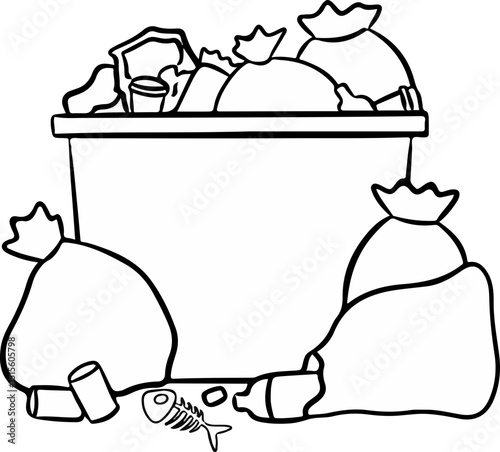 Overflowing trash bin with bags, cans, and fish bones, line art.