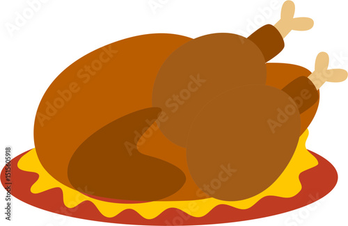 Stylized Roast Bird on Decorative Plate, Flat Vector Illustration