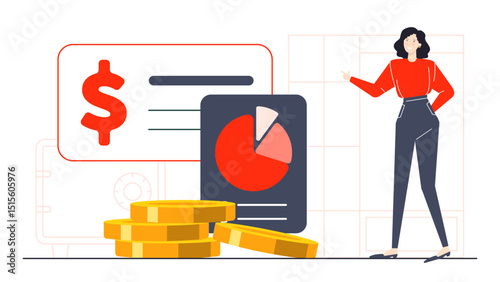Woman pointing at a chart and a dollar sign. Suitable for financial presentations, business reports, banking websites, investment blogs.