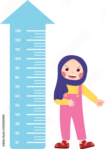 Smiling girl with hijab stands next to a growth chart shaped like an arrow.