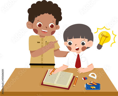 Student tutoring student, lightbulb idea, desk with book and school supplies, cartoon illustration.