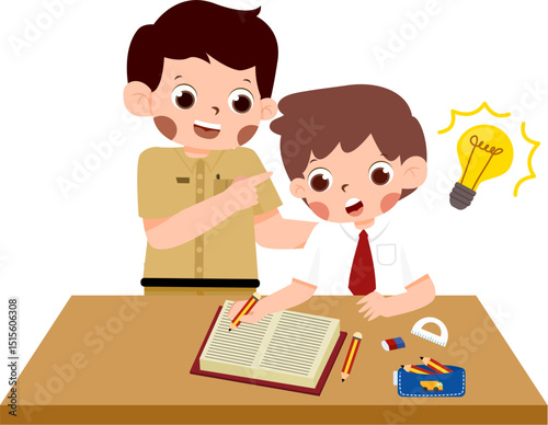 Student's Eureka: Cartoon Boy at Desk with Tutor, Idea Lightbulb, Academic Inspiration.