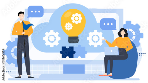 Two people collaborating on a new idea with lightbulb and gears, suitable for teamwork, innovation, business, idea generation concepts.