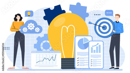Collaborative brainstorming session with team members holding various symbolic objects for success and growth. Perfect for business strategy concepts.