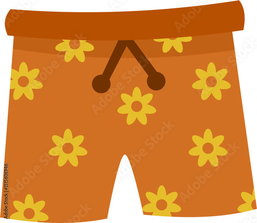 Orange floral swim trunks, summer apparel vector illustration.