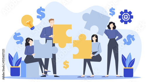 Four people solving puzzles with money icons in the background, ideal for financial planning, teamwork, business strategy, and collaboration concepts.
