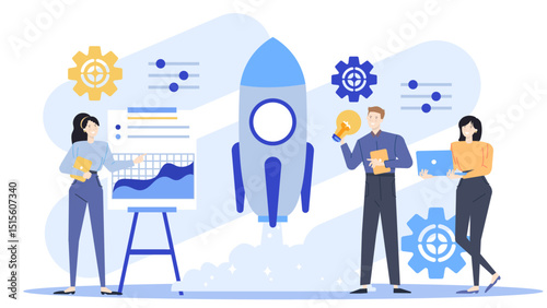 Team collaboration with rocket and lightbulb for innovative ideas. Suitable for business, teamwork, brainstorming, and creative concepts.
