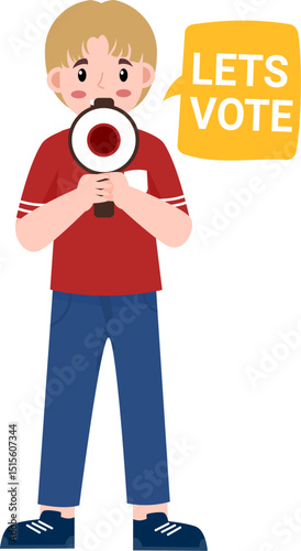 Young Person Urging Voting with Megaphone, Flat Vector Illustration.